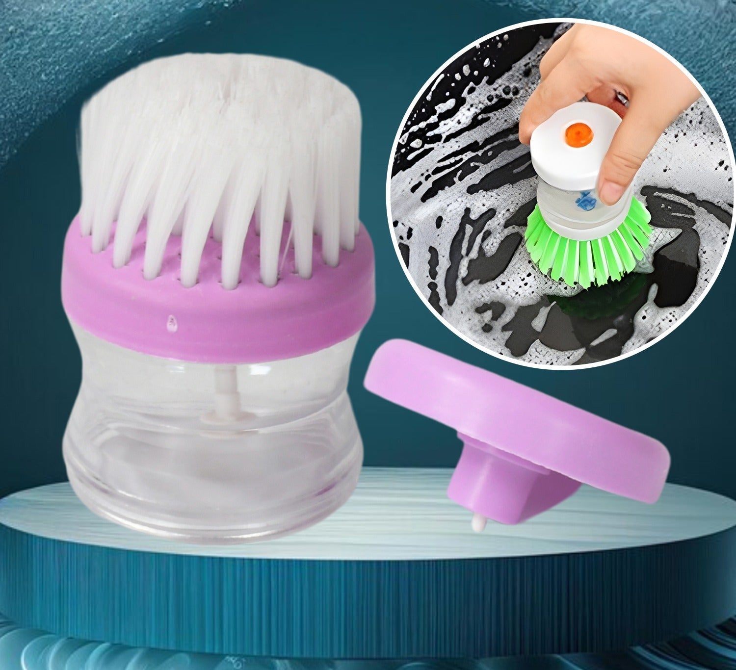 159 Plastic Wash Basin Brush Cleaner With Liquid Soap Dispenser (Multicolour)